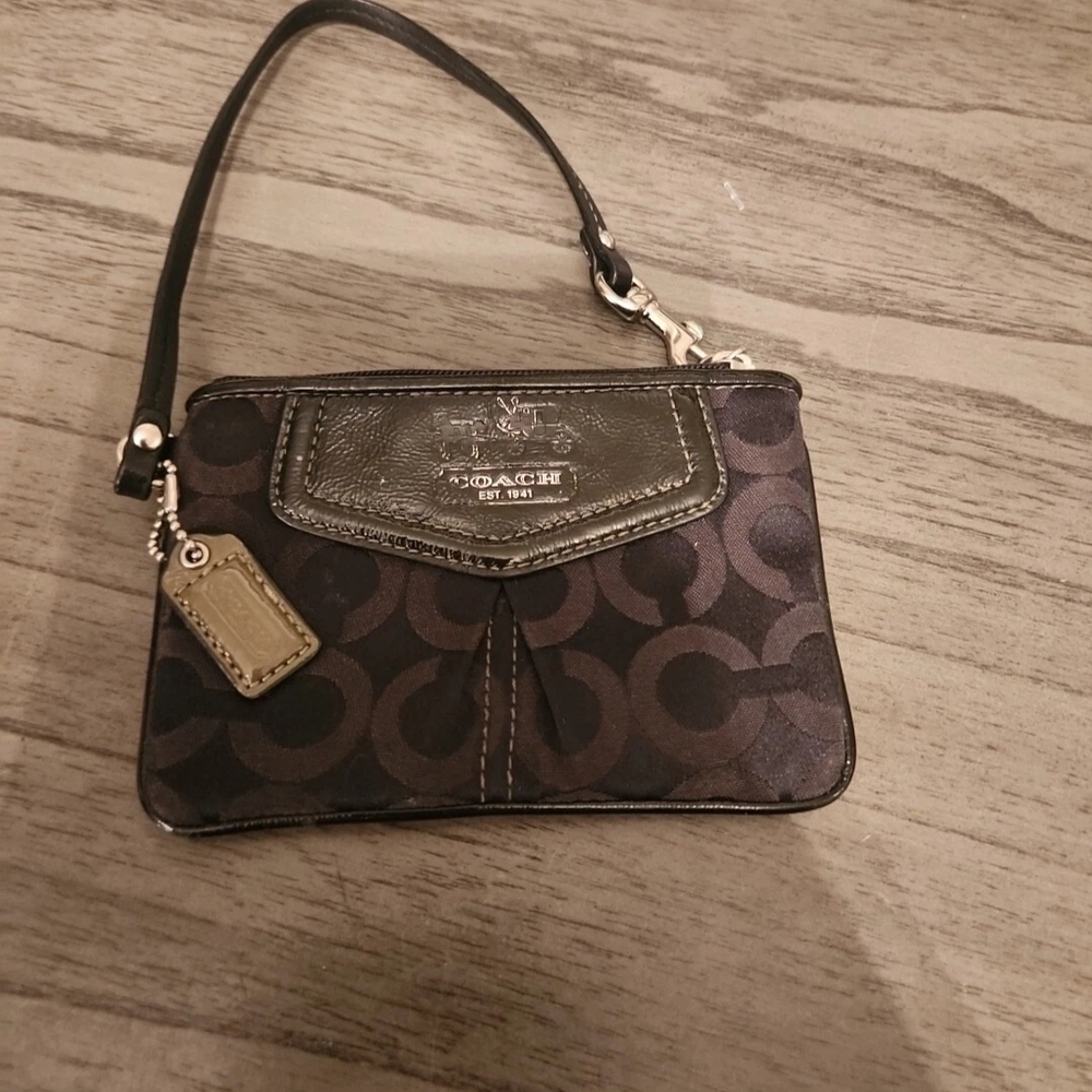 Vintage Coach Wristlet Black Canvas Purse Bag with Leather Strap Handle